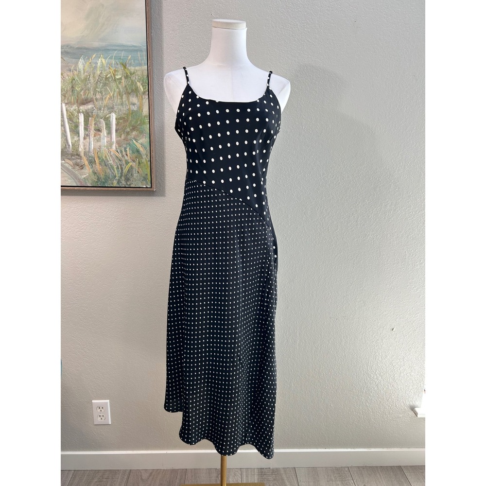 A New Day Black White Polka Dot Midi Slip Dress Asymmetrical Hem Size M